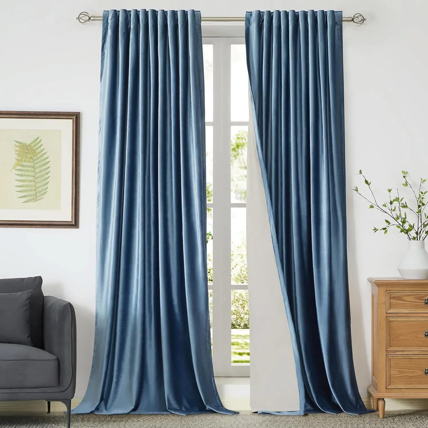 Primrose 100% Full Blackout Velvet Curtains 108 Inch Long For Living Room,Set Of 2 Stone Grayish Blue Liner Rod Pocket Back Tab