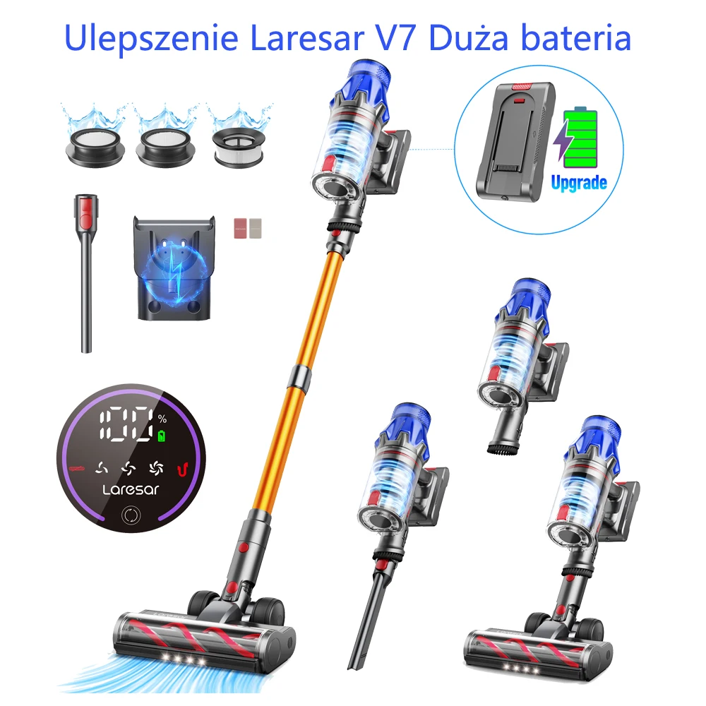 Aspiradora Inalámbrica Laresar V7S de 90 Minutos, 75000PA, 650W, Batería Extraíble de Larga Duración, Pantalla Inteligente, Electrodoméstico para el Hogar