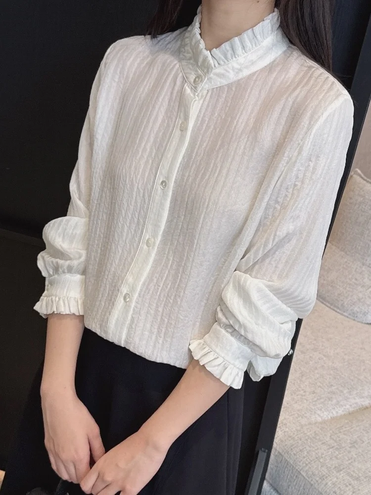 

Soft Silky Blouse with Ruffle Collar And Bubble Texture Double Layer French Sle Straight Cut Long Sve Women's irt