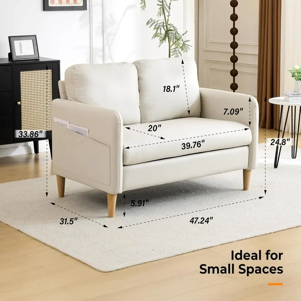 47" Small Beige Loveseat Couch, Mini Mid-Century Modern Sofa with Love Seat Design for Compact Spaces – Living Room, Bedroom, o