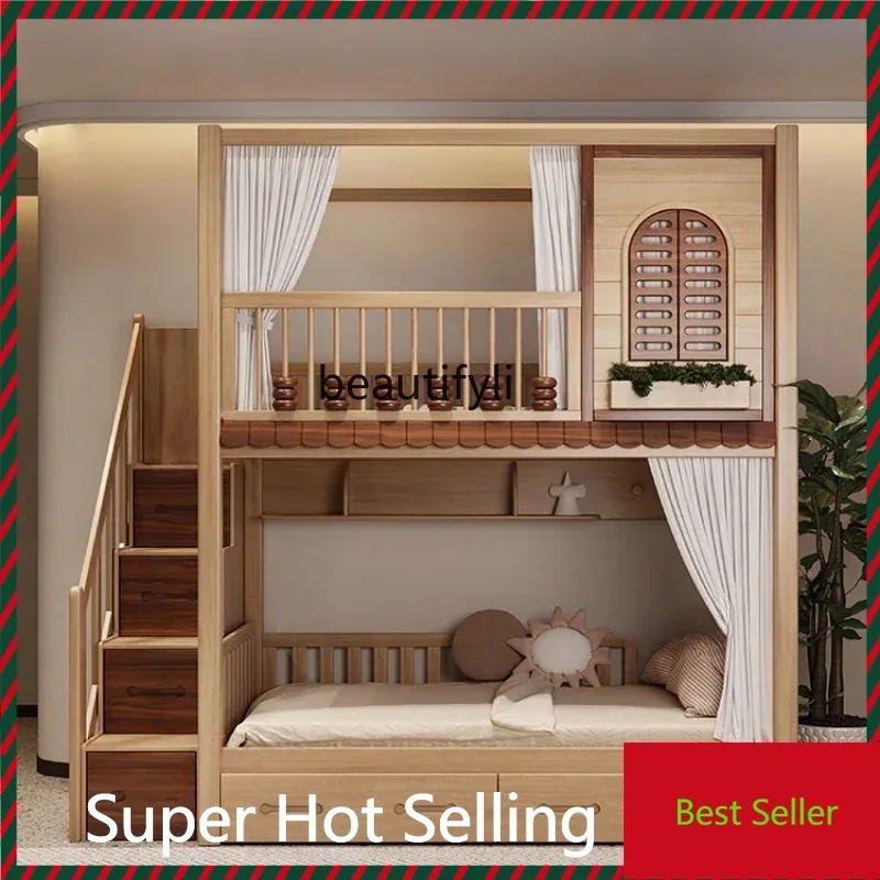 

K132 All solid wood, upper and lower beds with the same width, high and low beds, upper and lower bunk beds for adults elevate