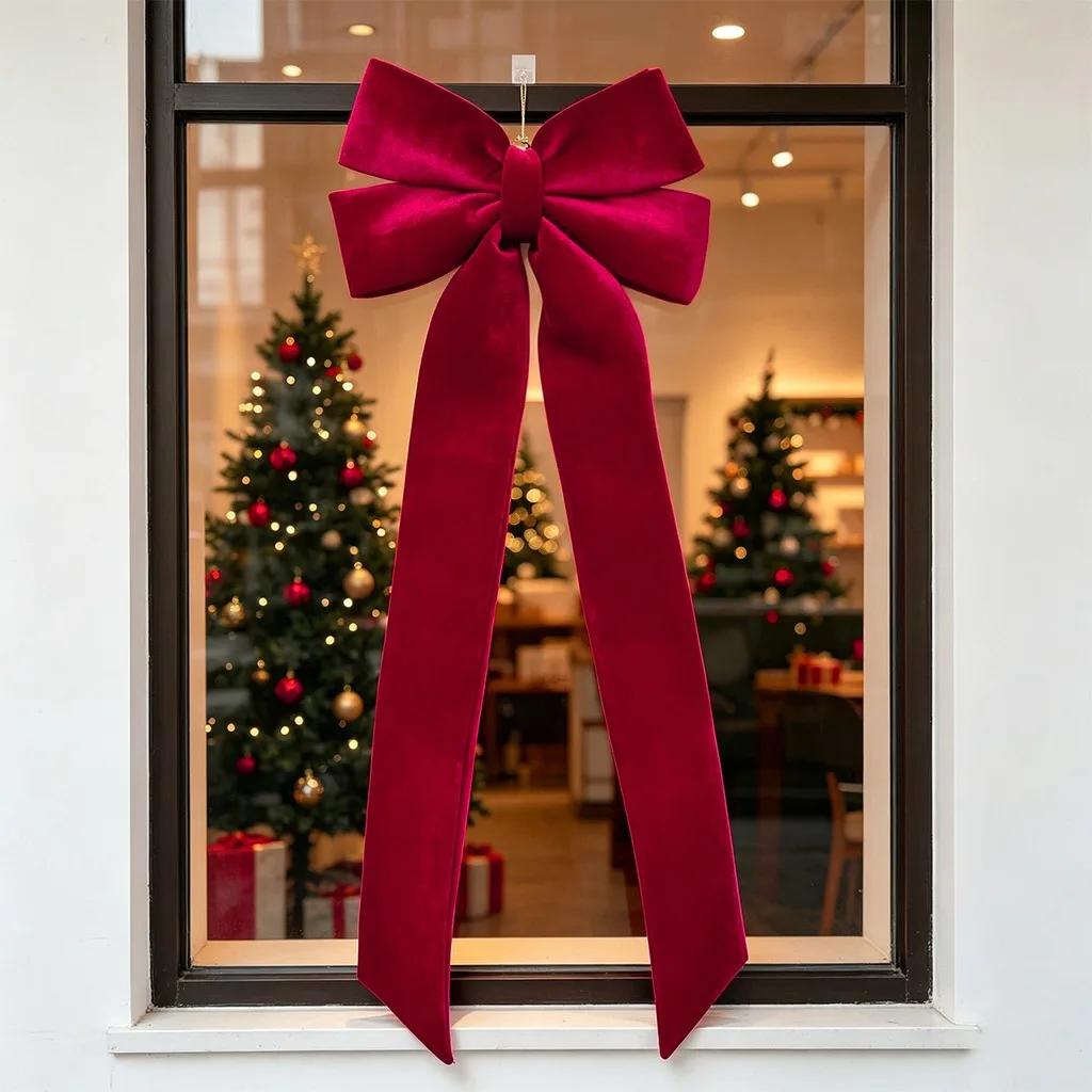 Guirnalda de 48x111cm con lazo grande de terciopelo burdeos, lazo único, adorno de cinta para puerta de árbol de Navidad, decoración para el hogar y fiestas.
