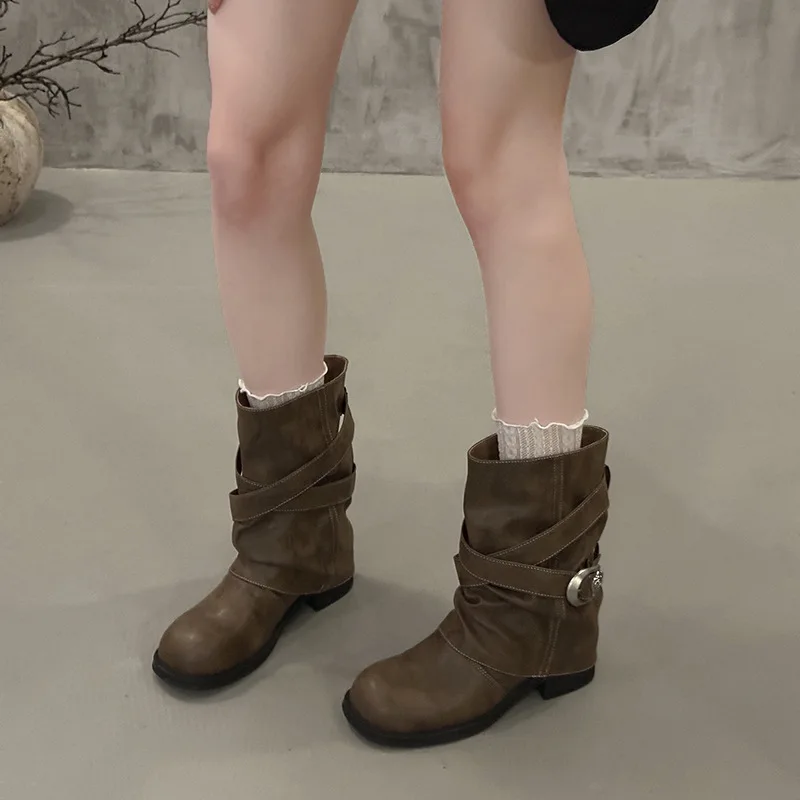 Vintage Distressed Punk Short Boots Women 2026 Autumn New Western Belt Buckle Stacked Boots Ankle Boots