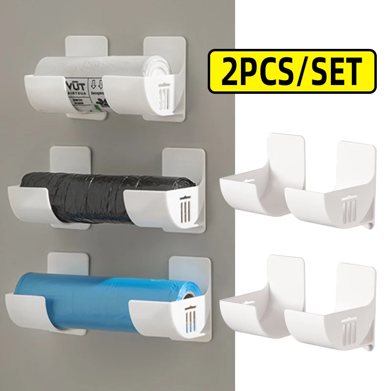 

2pcs Wall Mounted Trash Bags Holder Kitchen Accessories Garbage Bag Storage Box Organizer Plastic Bag Film Container Shelf