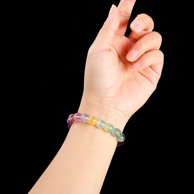 JD 5A Natural Stone Muticolor Rainbow Fluorite Bead Bracelet Women Reiki Healing Lucky Stretchy Mala Bangles Crystal Jewelry view 6