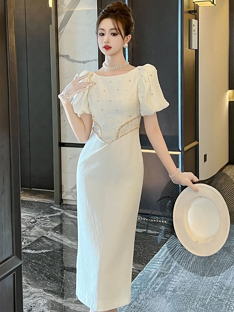 Sommer Frauen Kleidung formale elegante Luxus Abend langes Kleid Vintage Chic O-Ausschnitt schlanke Midi Bleistift Party Geburtstag Mujer Vestidos