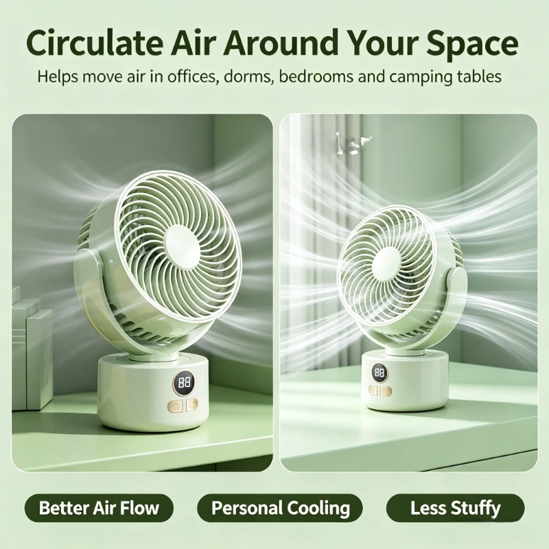 USB Rechargeable Silent Oscillating Fan Long Standby High Airflow Camping Circulator for Home Office Use