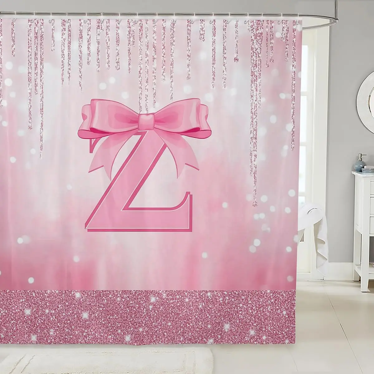 

Розовая занавеска для душа с блестящим бантом и буквой Z на блестящем фоне для декора ванной комнаты девочки