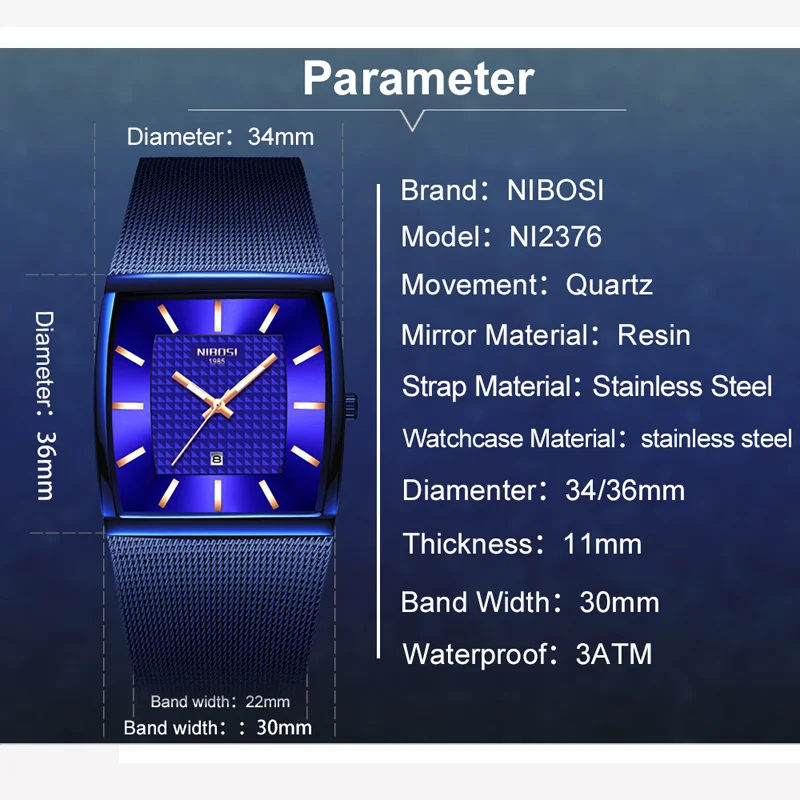 NIBOSI 남성용 패션 블루 쿼츠 시계, 스테인레스 스틸 스트랩, 방수 날짜, 최고 브랜드 럭셔리 시계