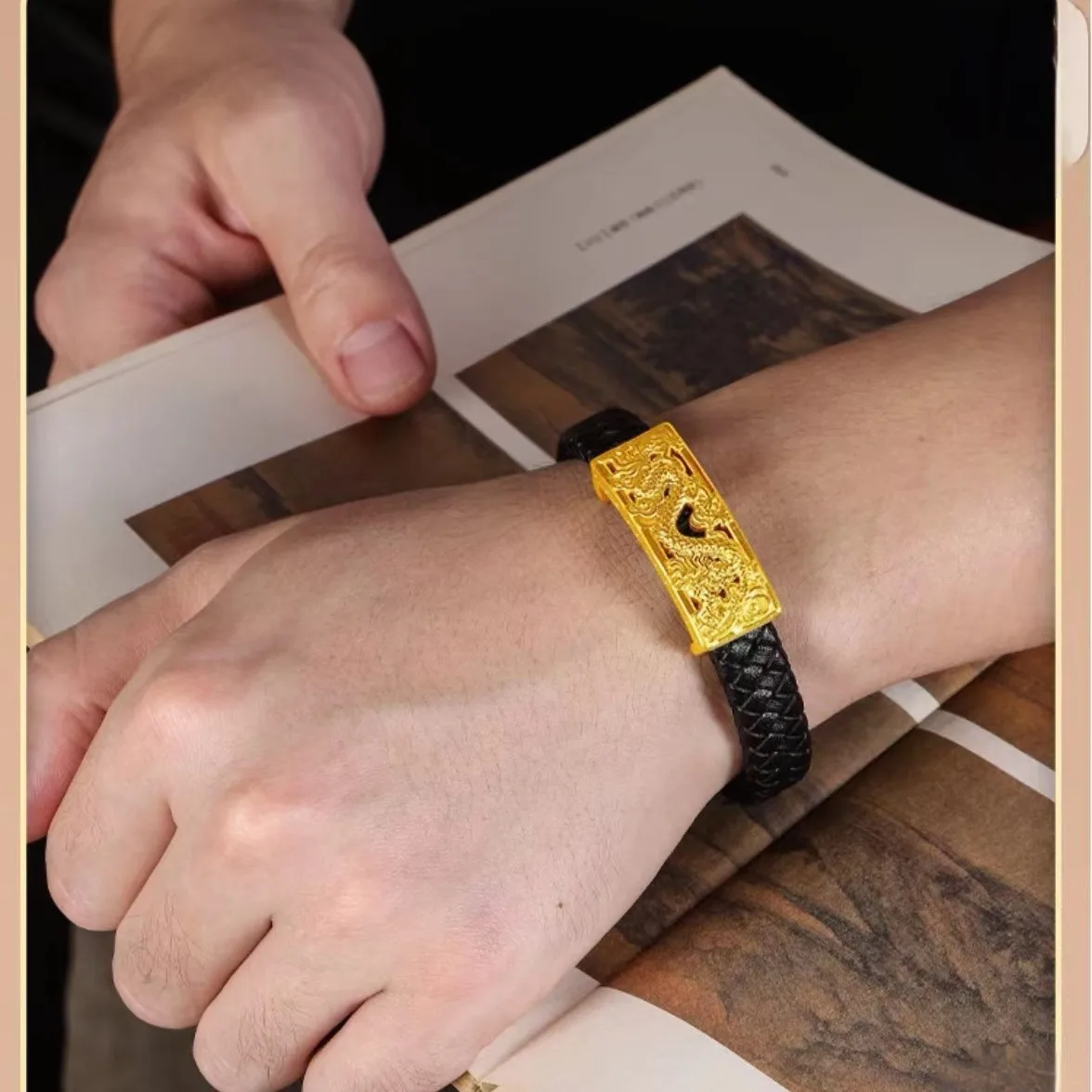 Zodiac dragon bracelet 24K pure gold leather strap bracelet AU999 gold dragon bracelet for men and women