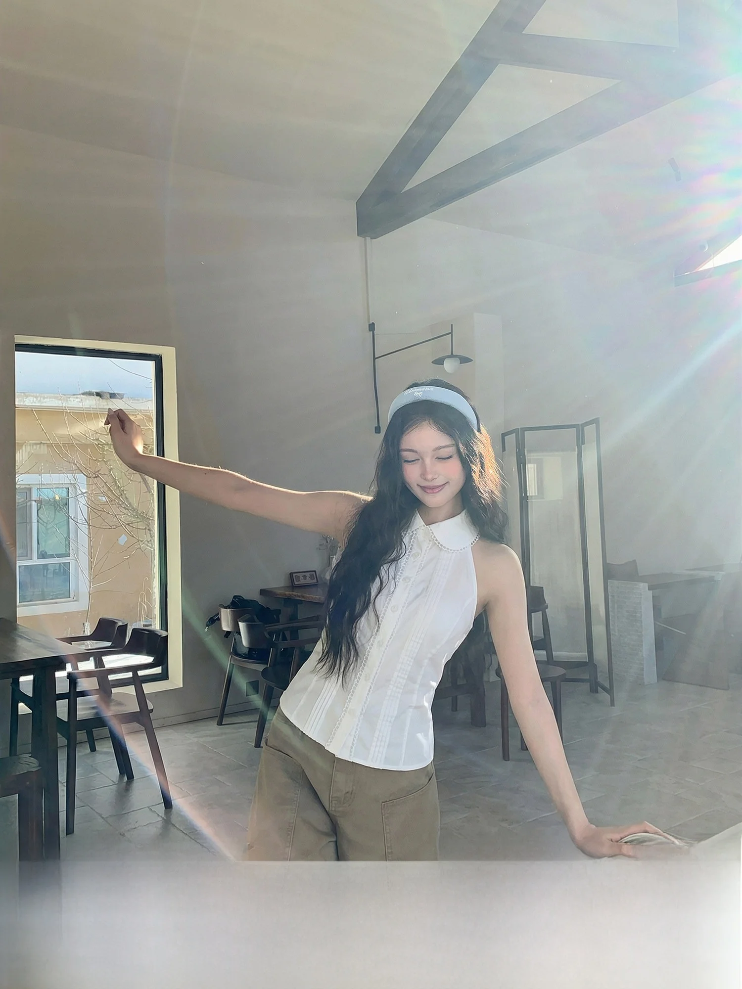 

White Svel Vest-Sle irt Women's Summer Korean Doll Collar Waist-Cinching oulder-Baring Top Sexy Loose Fit Long Sl...