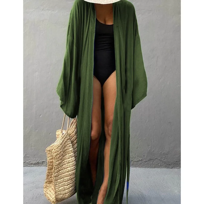 ชุดคลุมชายหาดสีพื้นสำหรับผู้หญิง ชุดว่ายน้ำลำลองสไตล์กิโมโนโอเวอร์ไซส์ รุ่นใหม่ปี 2025 ชุดคลุมบิกินี่