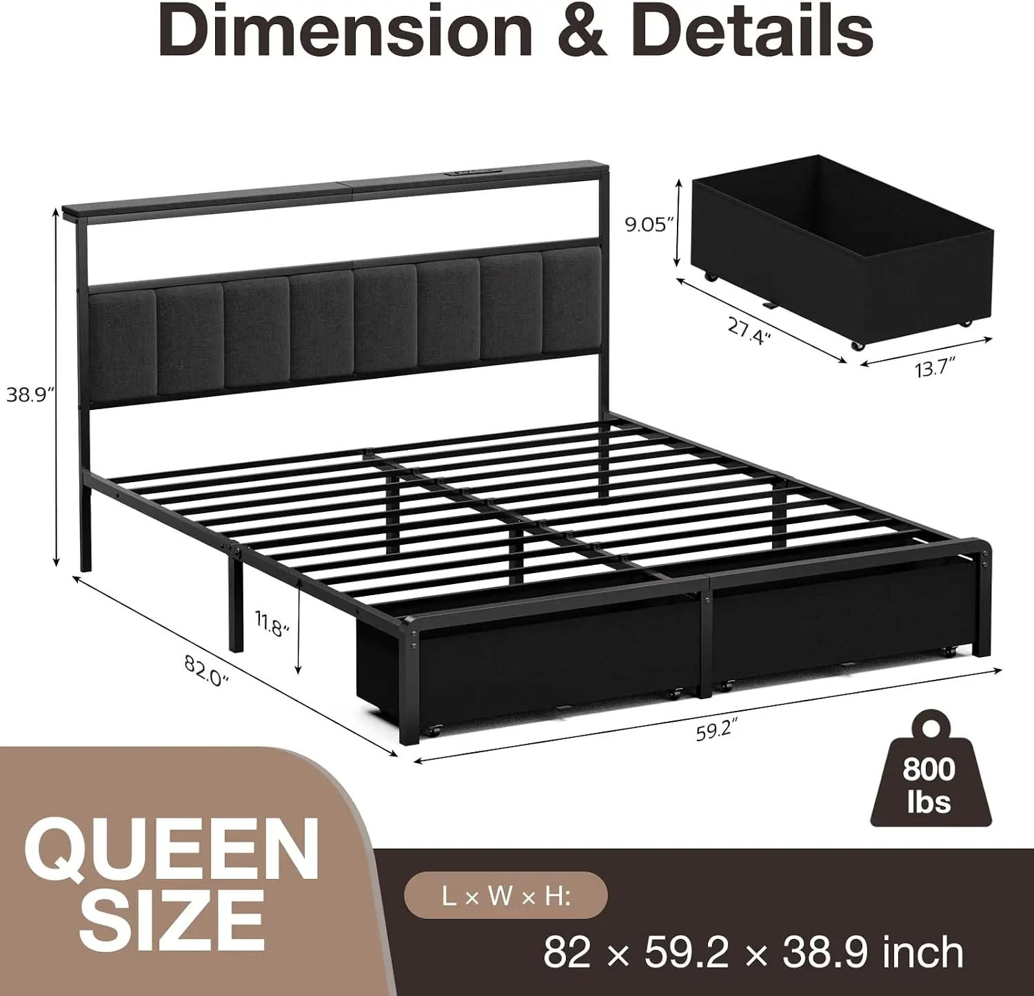 Queen Bed Frame with 2 Storage Drawers, Grey Upholstered