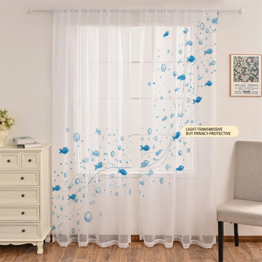2PCS Digital Print Sheer Curtain, Blue Bubble Fish School, Boho Chic Window Curtains for Living Room Bedroom Home Decor