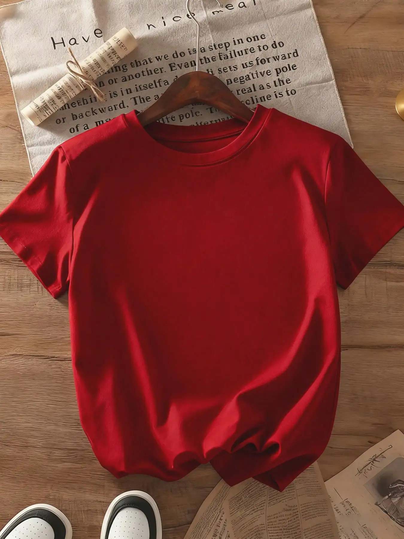 Red Short-Sleeved T-Shirt - With Stylized Apple Pattern (Colorful, Red Heart, 