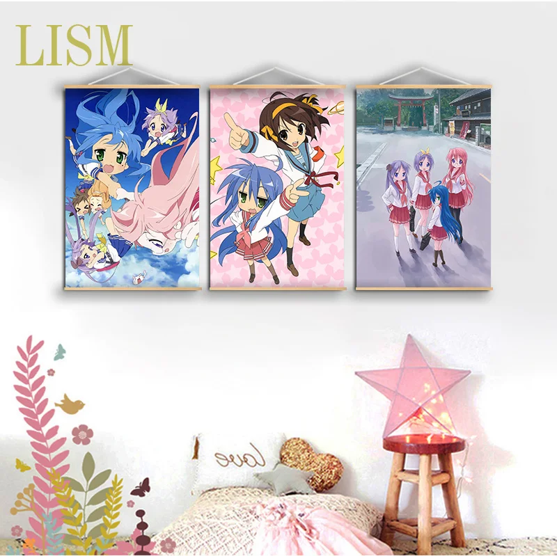 Lucky Star^Izumi Konata Anime Poster Scroll Game Poster Fashion Home Decor Art Canvas with Solid Wood Hanging Scroll