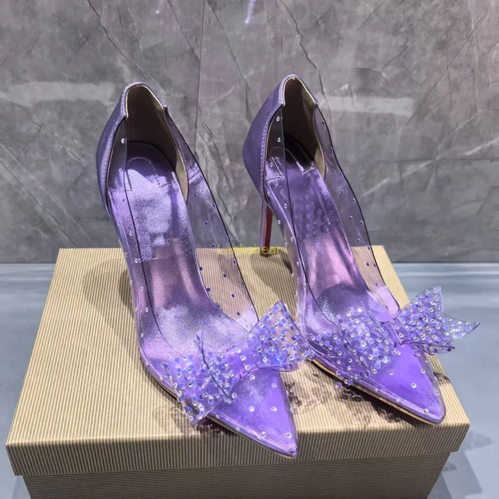 

Purple Crystal Rhinestone String Bead Pumps Sexy Pointed Toe Thin Heel Slip On New Arrivals Fashion Women Modern Shoes