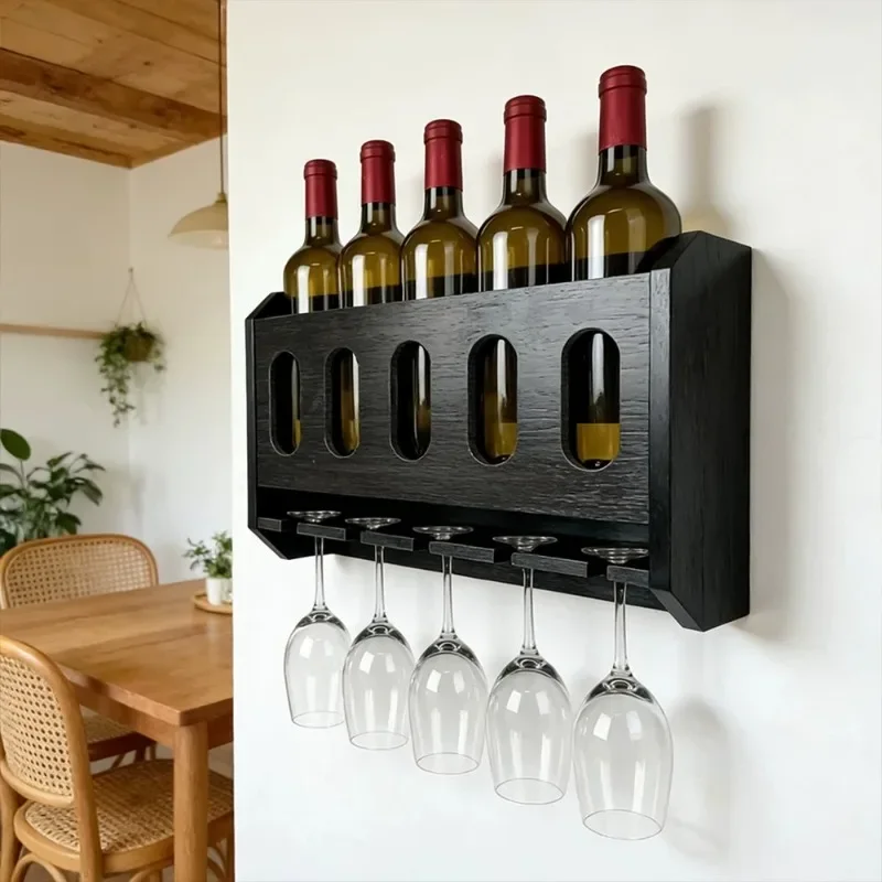 Luxury Wall Mounted Wine Racks Wooden Red Wine Bottle Rack Inverted High Footed Cup Holder House Restaurant Wall Decor Shelf