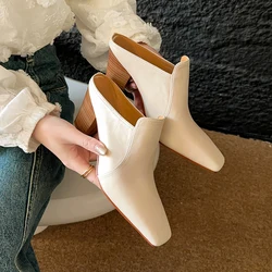 2025 Summer New Baotou Half Slippers Women Wear Muller Shoes Thick Heel High Heel Sandals Women's Slippers Genuine Leather Shoes