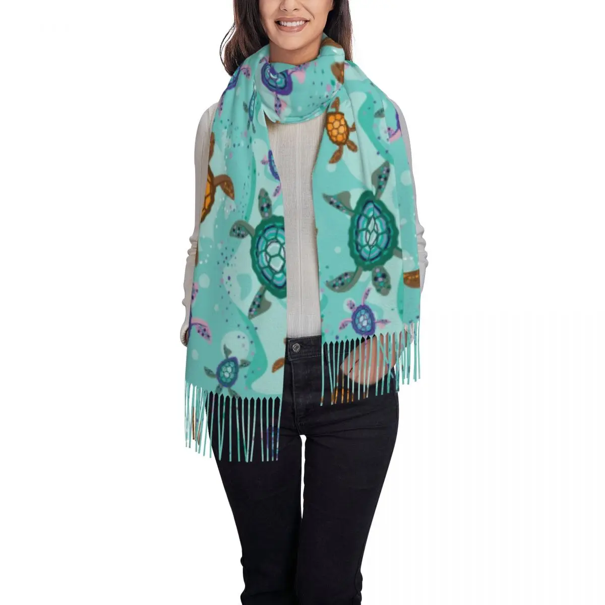 Custom Ocean Sea Turtle Tassel Scarf Women Soft Shawl Wrap Lady Winter Fall Scarves