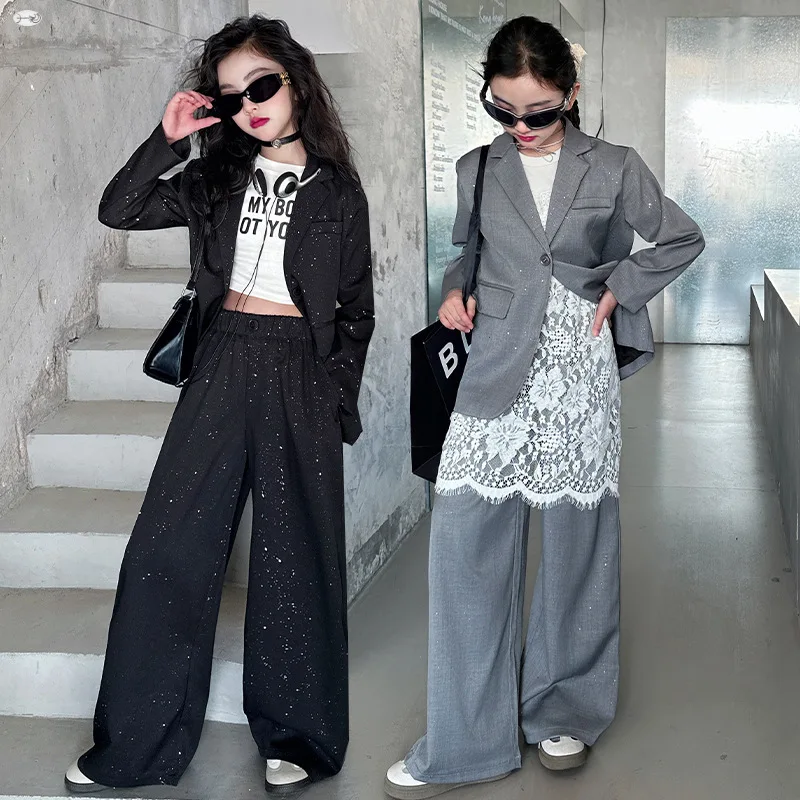 Girls blazers sprinkle silver suit set 2025 spring and autumn new fashionable little girl cool salsa jacket pants two-piece sets