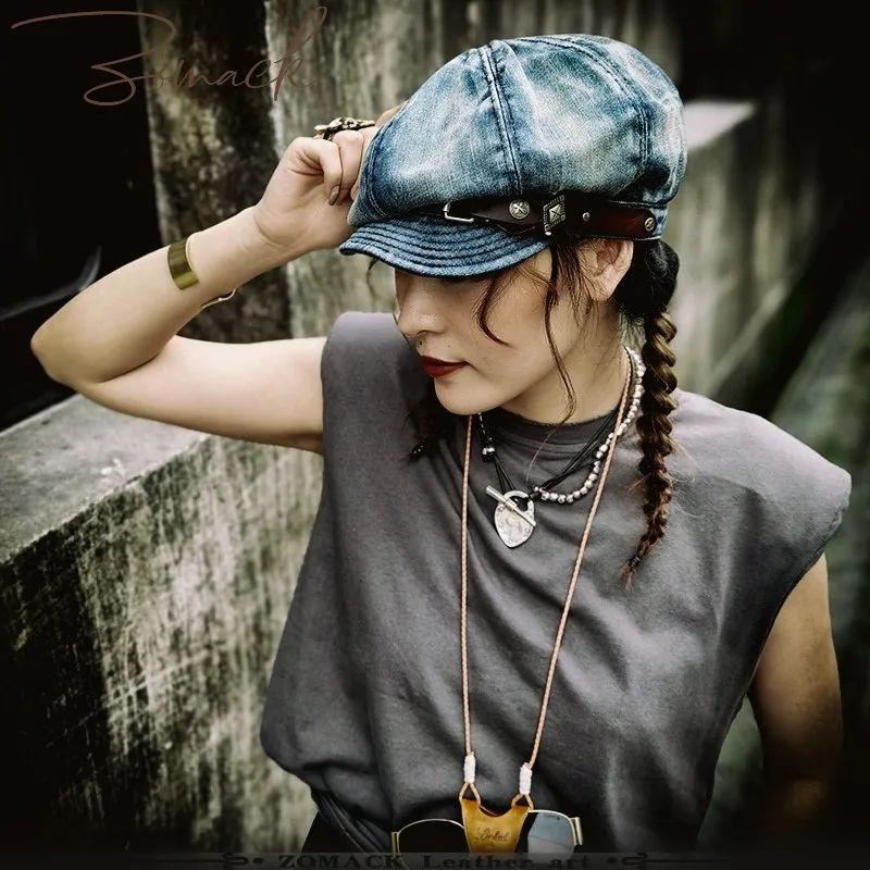 Amekaji Women's Retro Denim Beret Newsboy Cap Artistic All-Matching