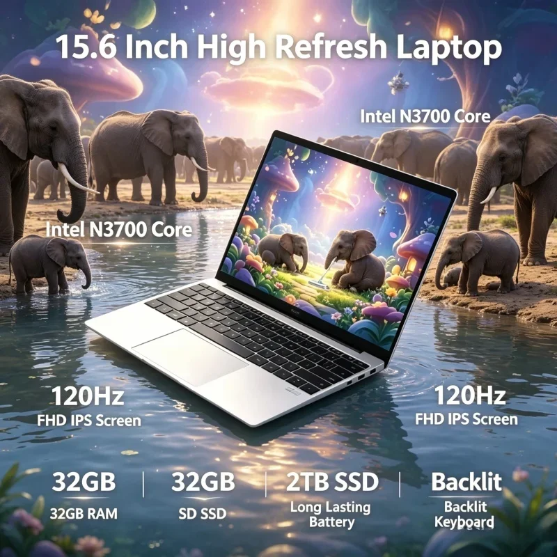 

2026 Popular 15.6" Slim Laptop Intel N3700 120Hz IPS 32GB RAM 2TB SSD