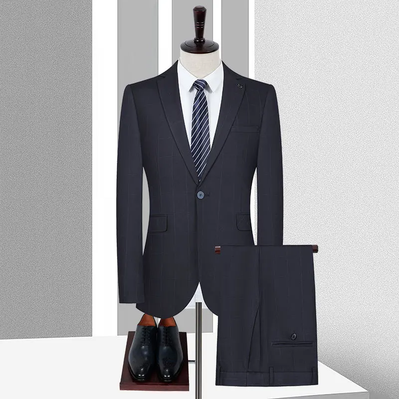 

Мужской костюм KIDWHXR из 2 предметов: модный пиджак в клетку с отложным воротником и брюки прямого кроя, не требующие глажки, для делового повседневного стиля