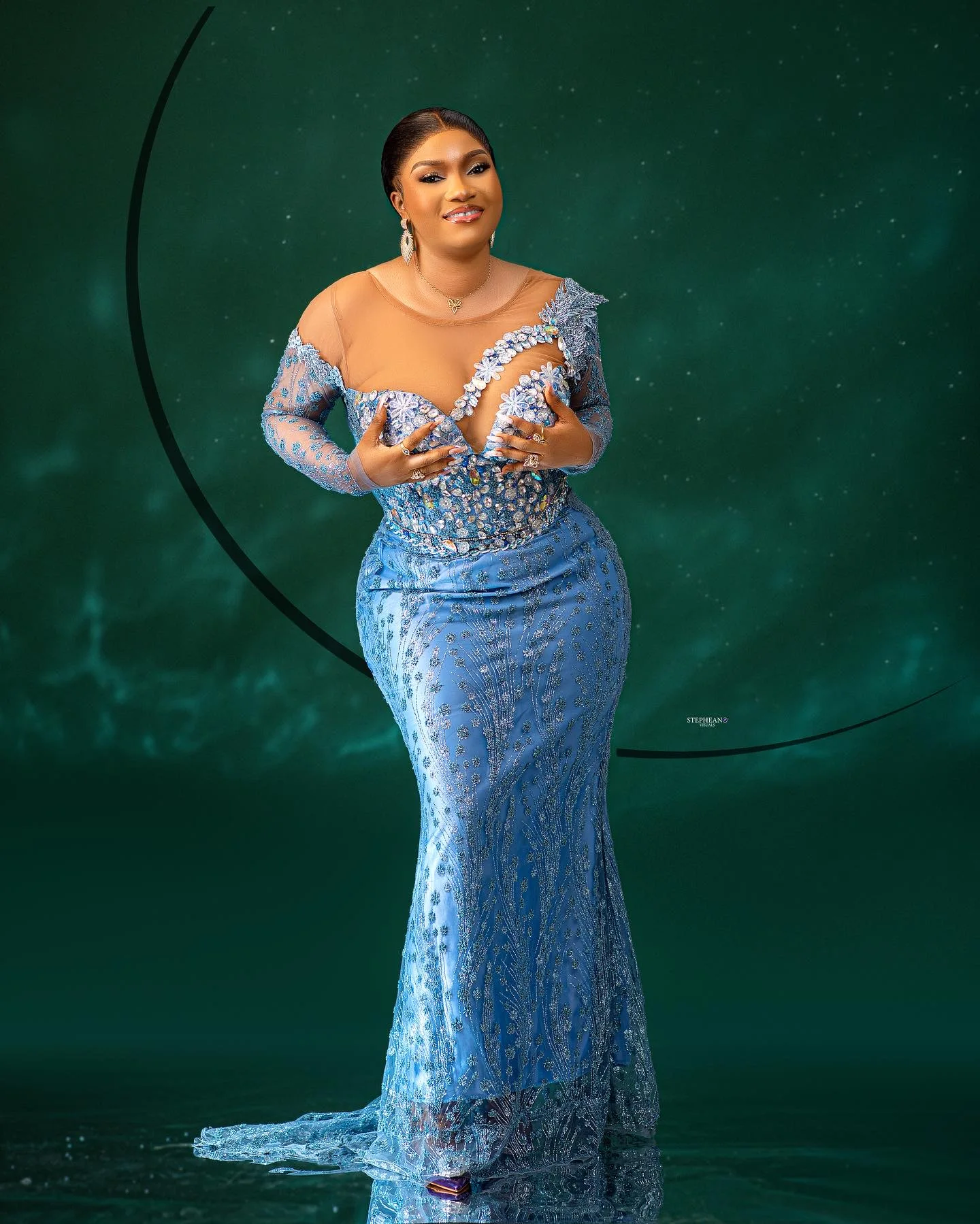 2024 Plus Size Mermaid Blue Prom Dresses Lace Crystals Evening Formal Party Second Engagement Birthday Gowns Dress ZJ05