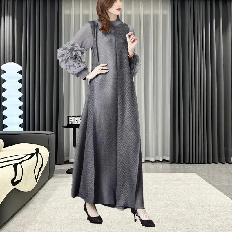 

Miyake Pleated Long-sleeved Dress 2025 New Large Size Women's Half-high Neck Loose Hand-cranked Flower Long Dress Senior Feeling
