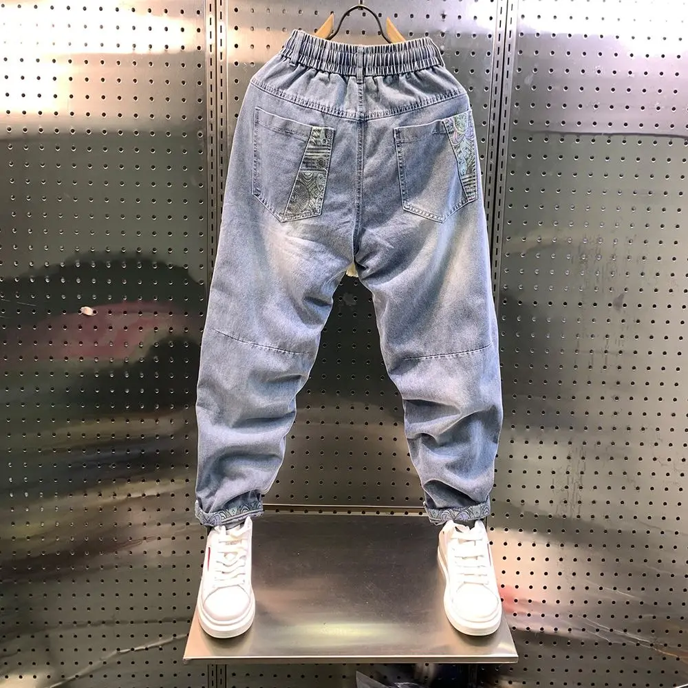 Loose Fit Light Blue Denim Jeans Men's Autumn Trendy Brand Nine Points Elastic Straight Leg Trousers Drawstring Waist Casual ...