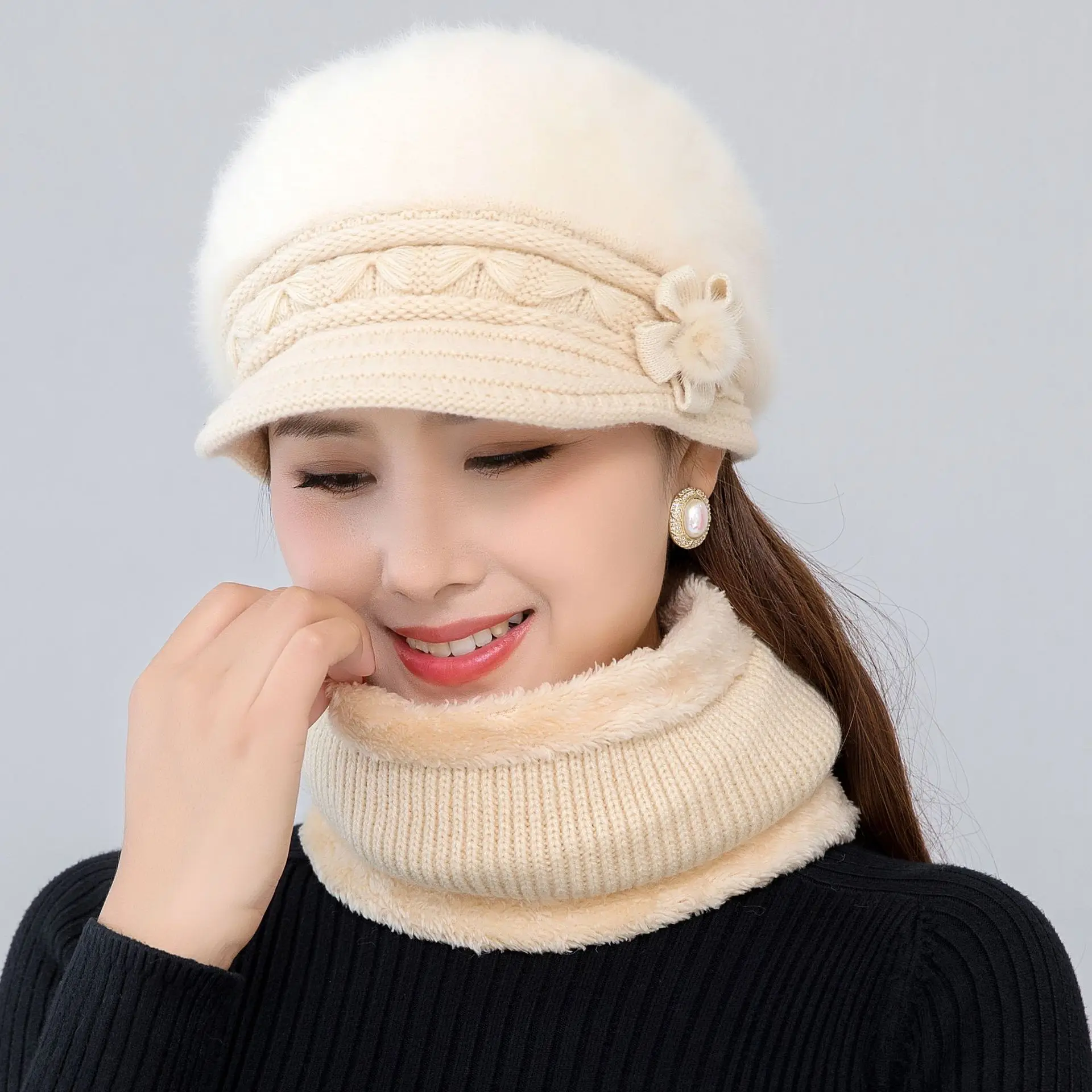2pcs/ Set Winter Keep Warm Cap Thick Fur Lined Hat & Neck Scarf Warm Set Female Casual Knitted Hat Flower Solid Color Cold Hat