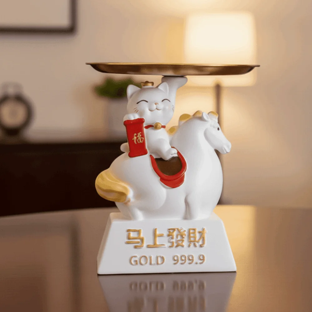 Avec plateau, ornements de mascotte de l'année du cheval, chat porte-bonheur, Figurines de cheval du zodiaque décoratives, rangement de figurines de cheval mignonnes
