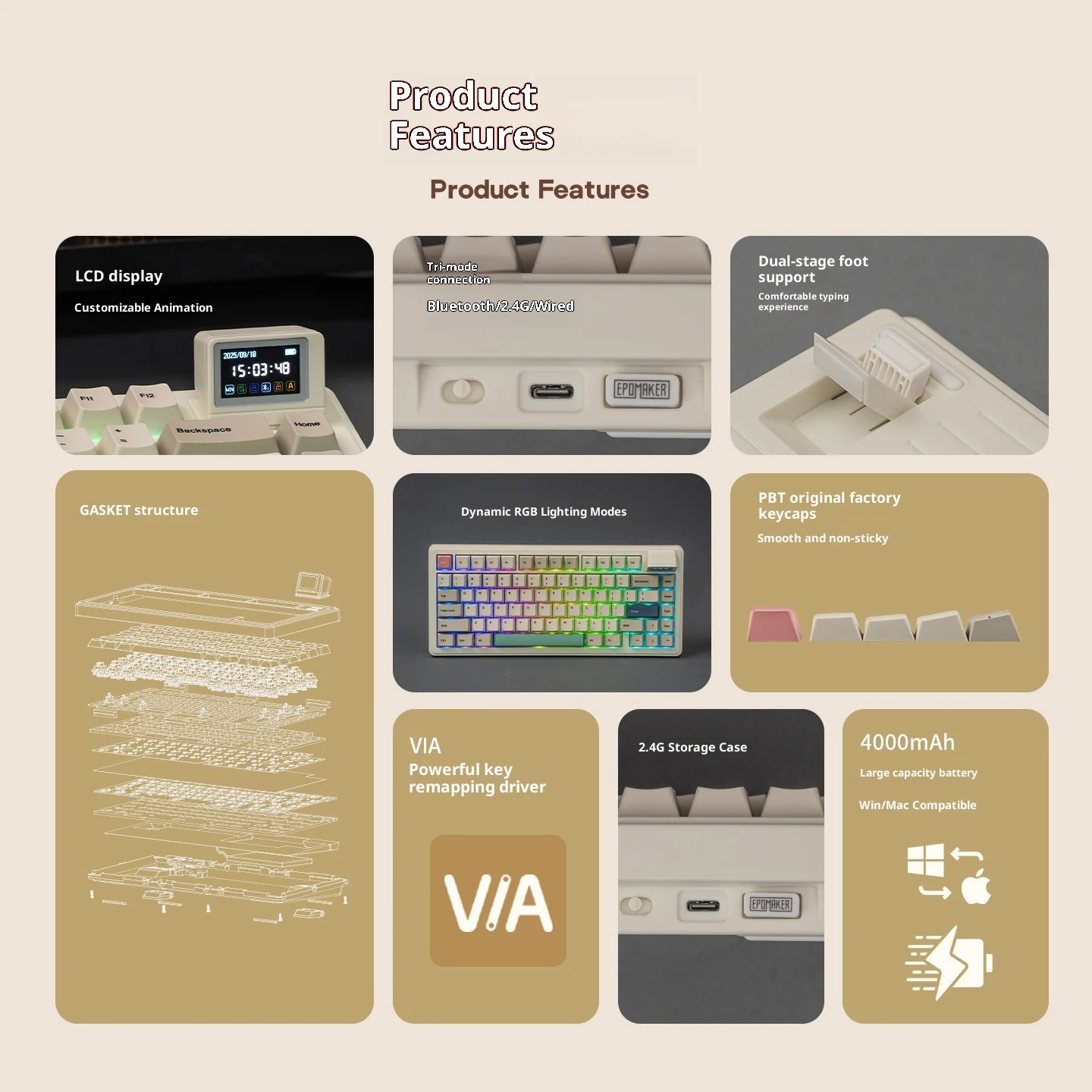 Epomaker rt82 teclado mecânico personalizado sem fio blutooth 2.4g pbt keycaps rgb gaxeta teclados de jogos de troca quente com tela lcd