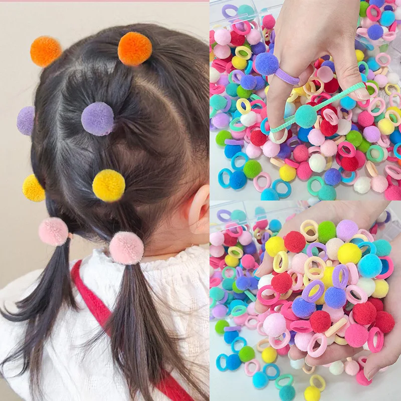 20Pcs Girls Colorful Plush Ball Elastic Hair Bands Kids Ponytail Ties Rubber Bands Headwear Hair Accessories Gift for Kids