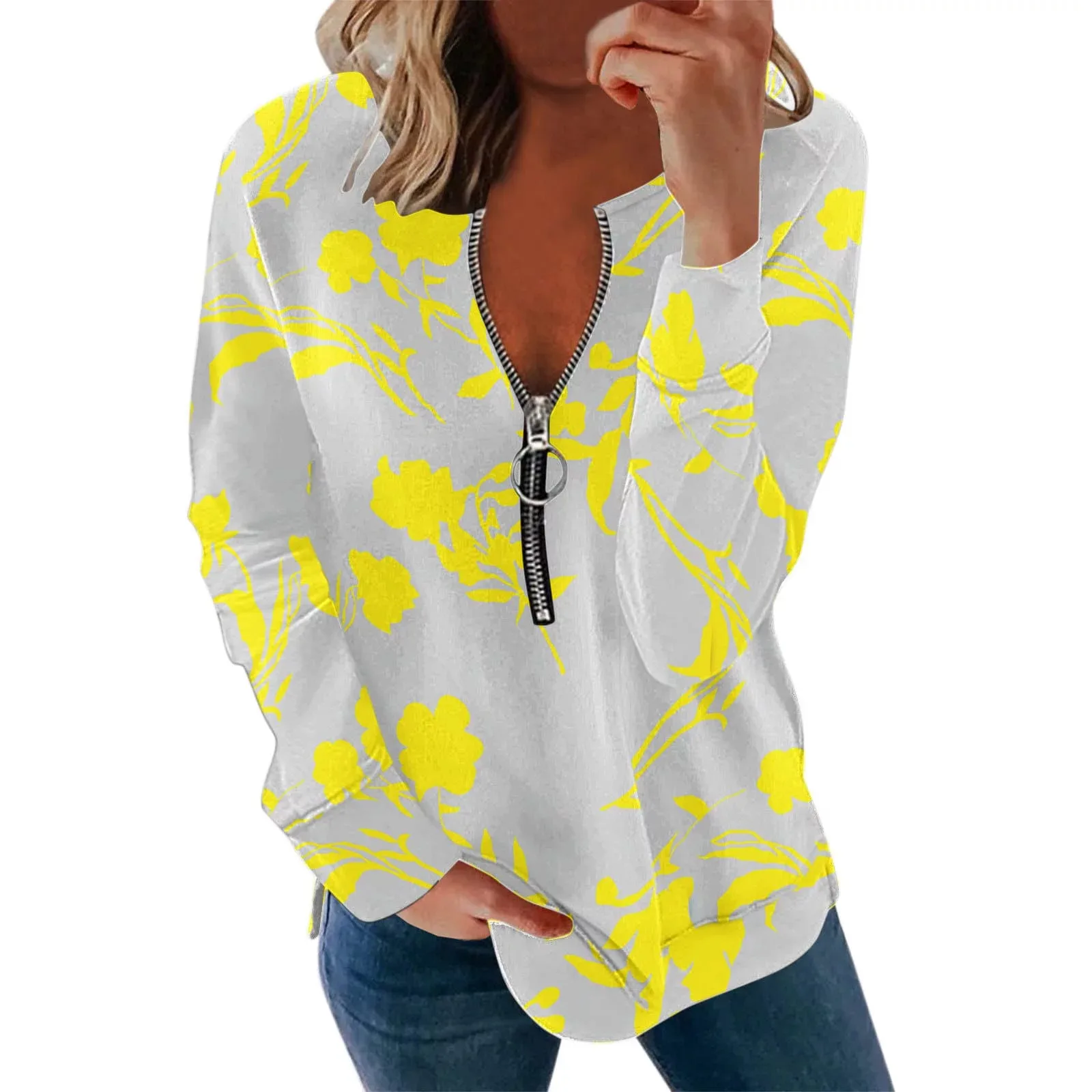 

Plant Pattern Spring Cross Border Zipper Round Neck Casual Top Long Sleeve Trendy Women's 3d Factory Direct SalesWF4