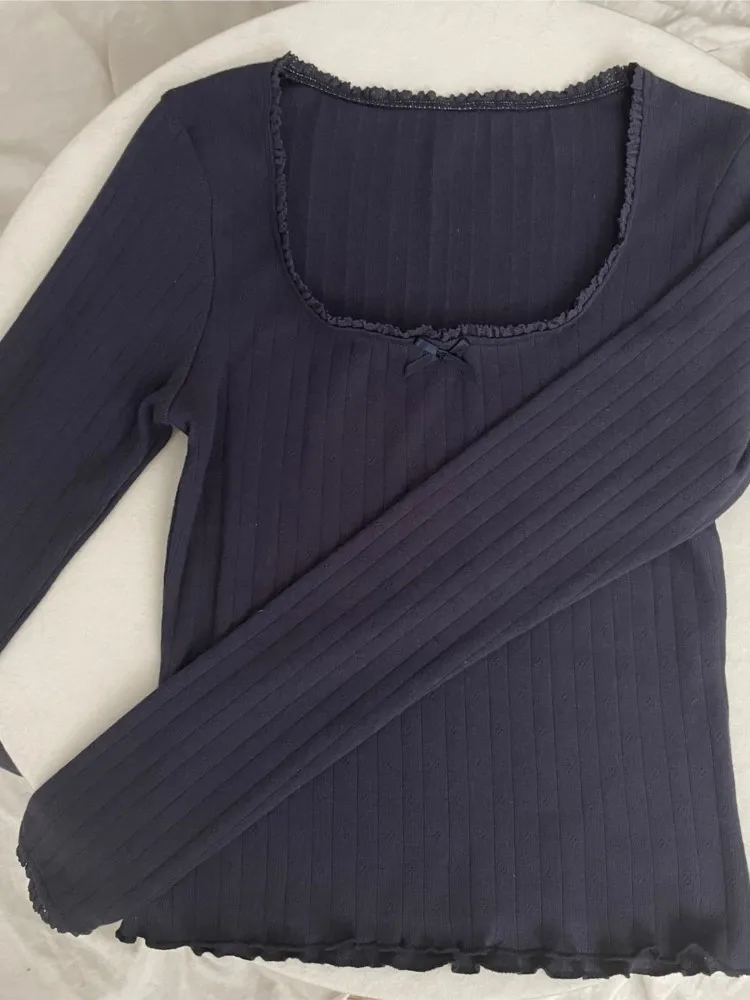 

Solid Hollow Out Cotton Soft T-shirts Spring Bow Lace Trim Square Neck Long Sleeve Tee Slim Chic Sweet Vintage Cute Crop Tops