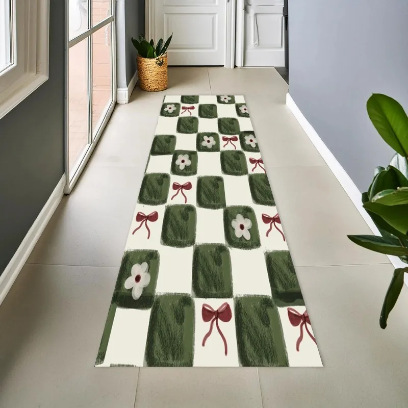 Daisy Red Bow Long Hallway Runner Carpet Anti Slip Flannel Mat Cute Hand Drawn Grid Print For Cottage Kitchen Corridor Decor
