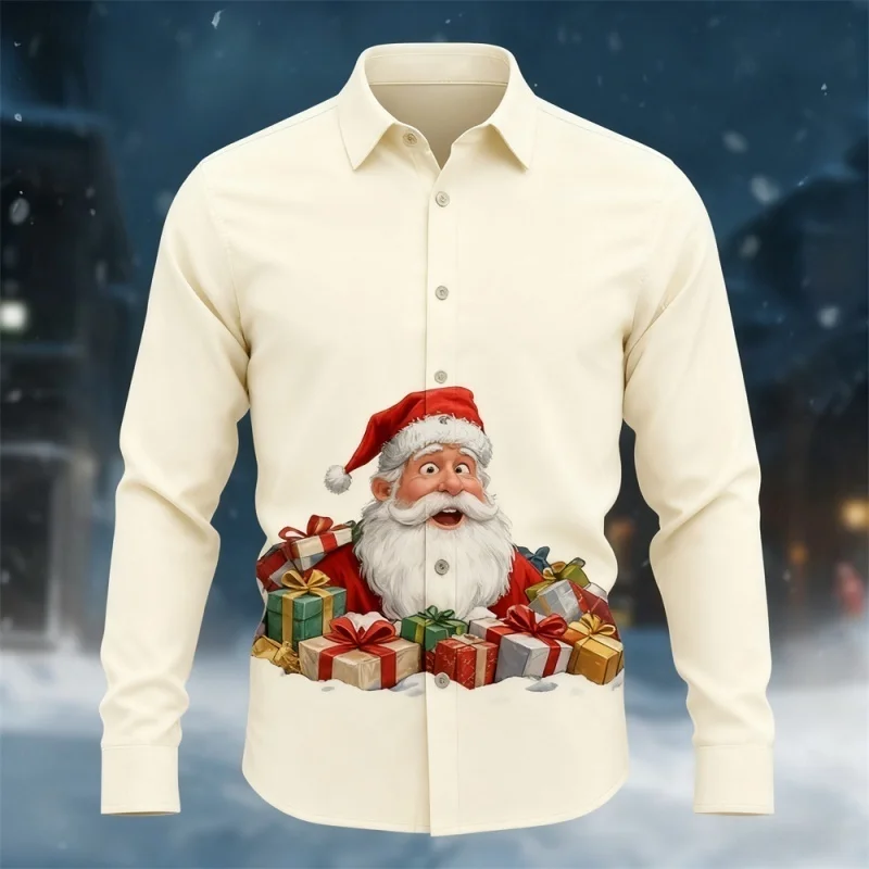 قميص مريح بأكمام طويلة للرجال من سانتا كلوز لعيد الميلاد، تصميم بياقة سفلية، قميص كاجوال للحفلات الخارجية والعطلات #2