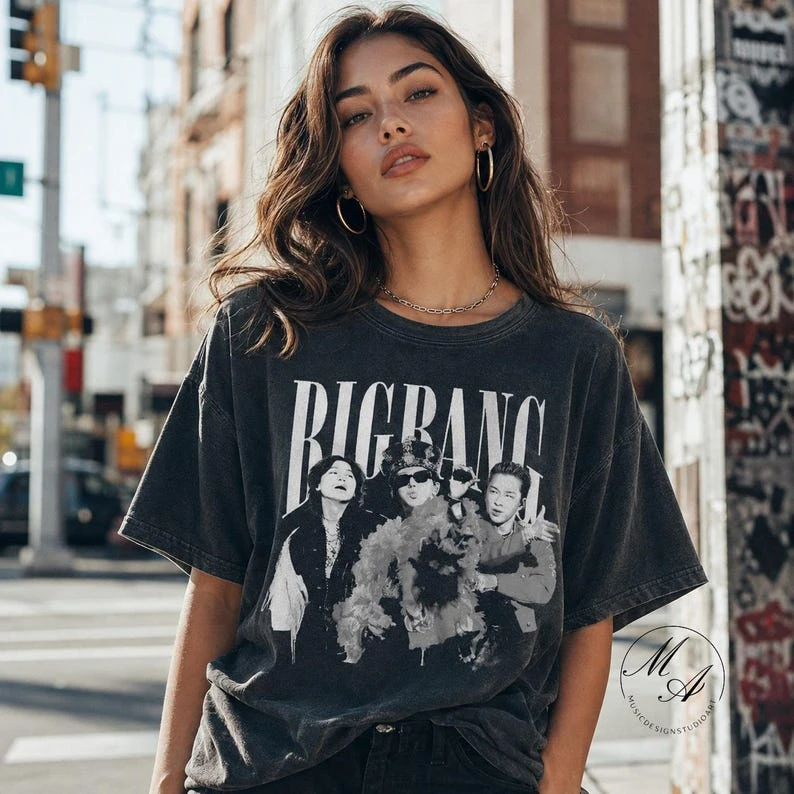 BIGBANG 20. Jubiläumskonzert Vintage Washed T-Shirt Bigbang Gruppenporträt-Druck Unisex Oversized Kurzarm Kpop Oberteil – Detail 10