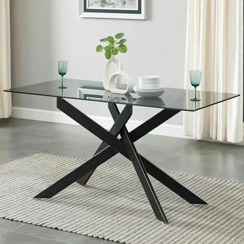 Geometric Design Glass Top Dining Table Metal Tubular Legs Black