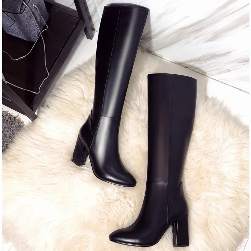 موضة الشتاء الأحمر المرأة حذاء برقبة للركبة بولي Leather كتلة جلدية عالية الكعب طويل القامة التمهيد الإناث سستة السيدات أحذية سوداء أنيقة #4