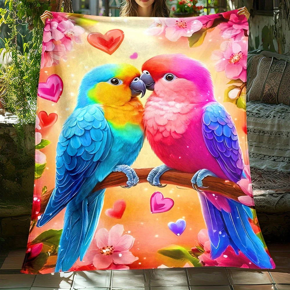 Colorful Love Parrots Floral Heart Pattern Flannel Blanket Soft Cozy Throw Home Decoration Romantic Gift for Couples Bird Lover