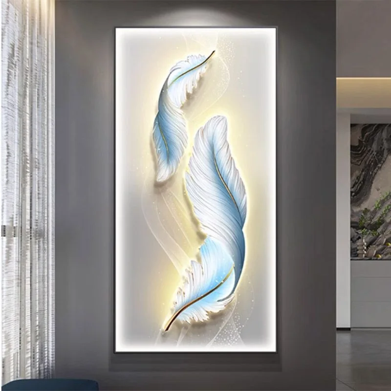 Light Luxury Entrance Hall Decoration Painting With Led Lights Feather Abstract Modern Corridor Hanging Painting Wall Lamps