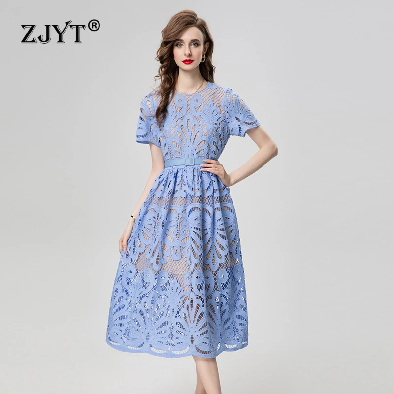 

ZJYT Summer Crochet Hollow Out Lace Dress Blue Women 2024 Fashion Short Sleeve Party Midi Dresses Elegant Holiday Casual Vestido