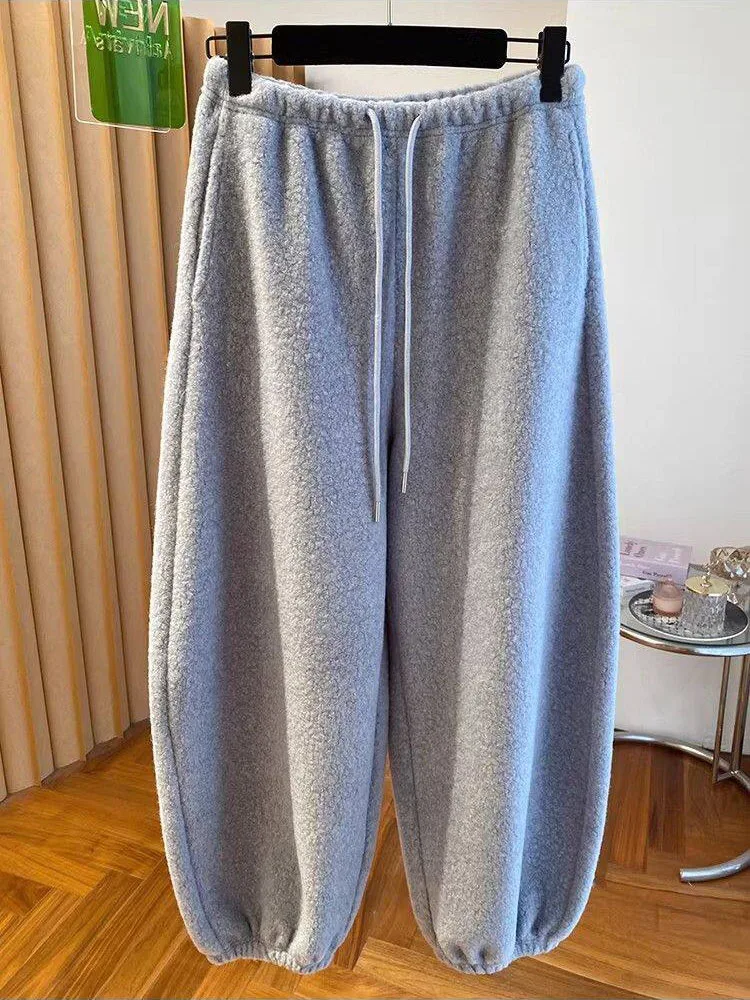Winter Women's Imitation Lamb Wool Pants Casual Fashion Solid Color Simple Loose Thick Warm Drawstring Elastic Waist Sweatpants