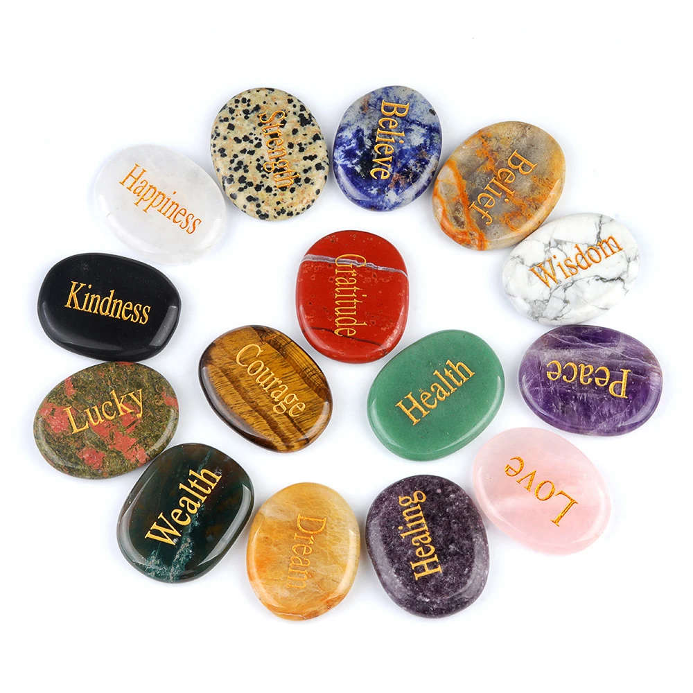 Natural Stone Crystal Engraved Inspirational Stones Beads Ornament Rose Quartz Oval Shaped Power Stone Reiki Jewelry Decorative