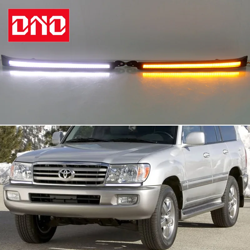 Car LED Daylights For Toyota Land Cruiser LC100 1998-2007 Yellow Turn Signal Daytime Running Headlamps Auto Driving Lamp Foglamp