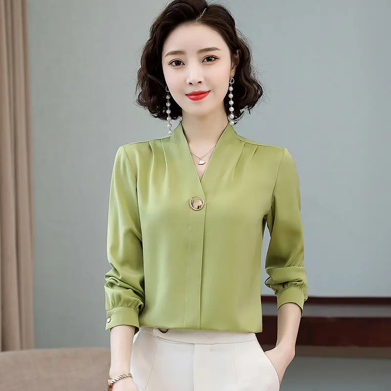 Chiffon Long-sleeved Top for Women with Fashionable and Versatile Belly Covering Korean Style Shirt V-neck Solid Color Shirt