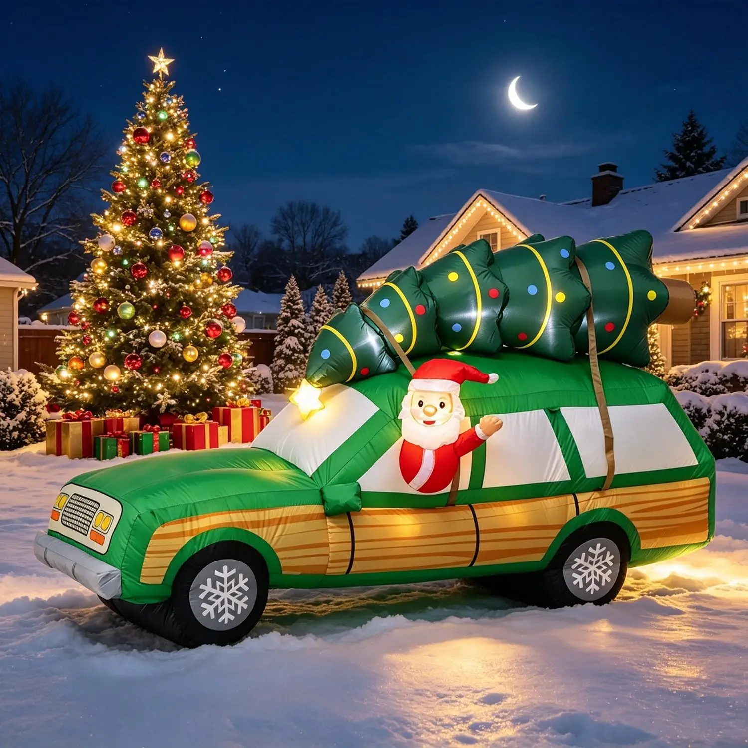 7FT Christmas Inflatable Blow-Up Decoration, Santa Claus Driving a Wagon with Christmas Tree and Built-In LED Lights